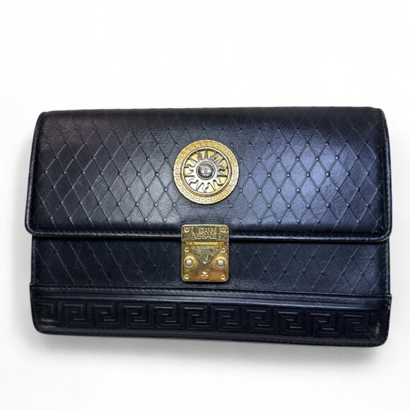 GIANNI VERSACE Vintage Sunburst Leather Wristlet Clutch, Black, Unisex - Picture 1 of 13